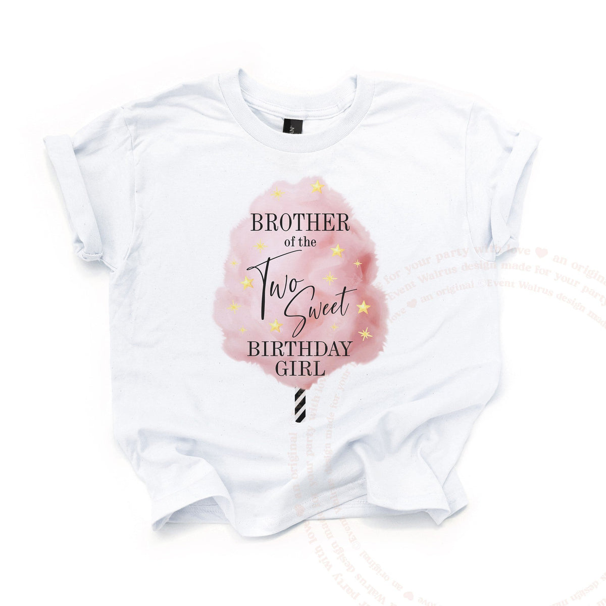 White Brother of the Two Sweet kids tee laid flat, with the pink cotton candy and gold stars.