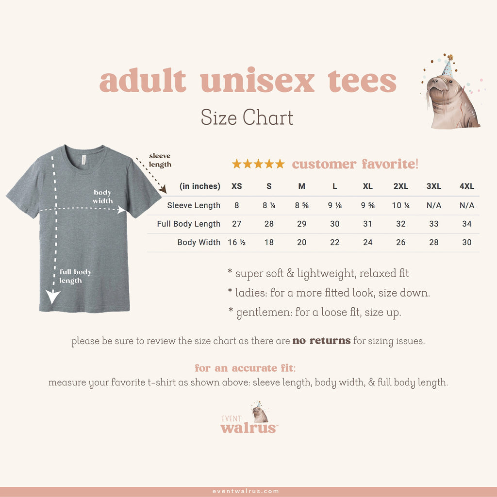 Event Walrus adult unisex tee size chart in inches, XS to 4XL, with sleeve length, body length and width.
