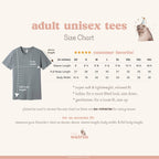 Event Walrus adult unisex tee size chart in inches, XS to 4XL, with sleeve length, body length and width.