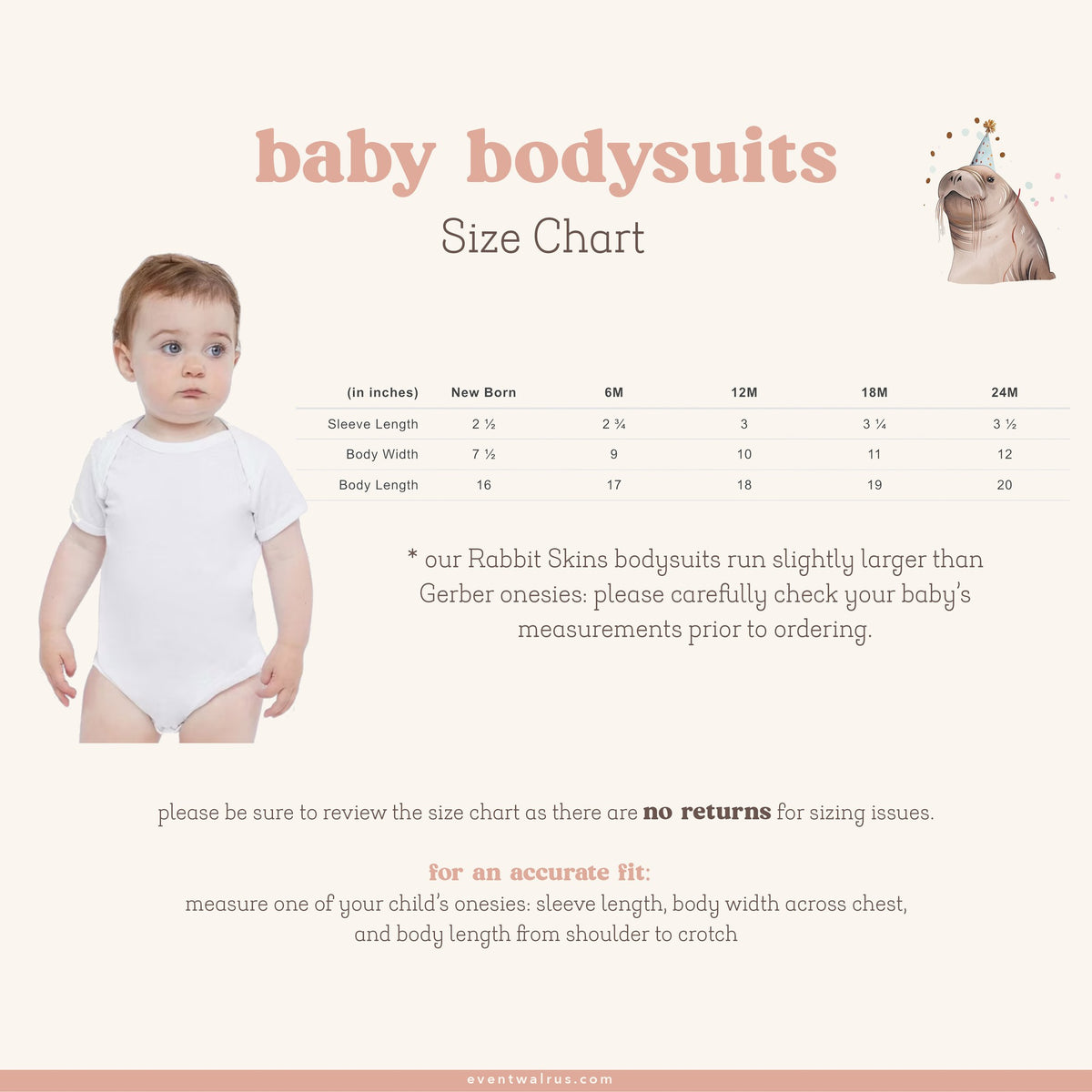 Event Walrus baby bodysuit size chart in inches, newborn to 24 months, with sleeve length, body width and body length.