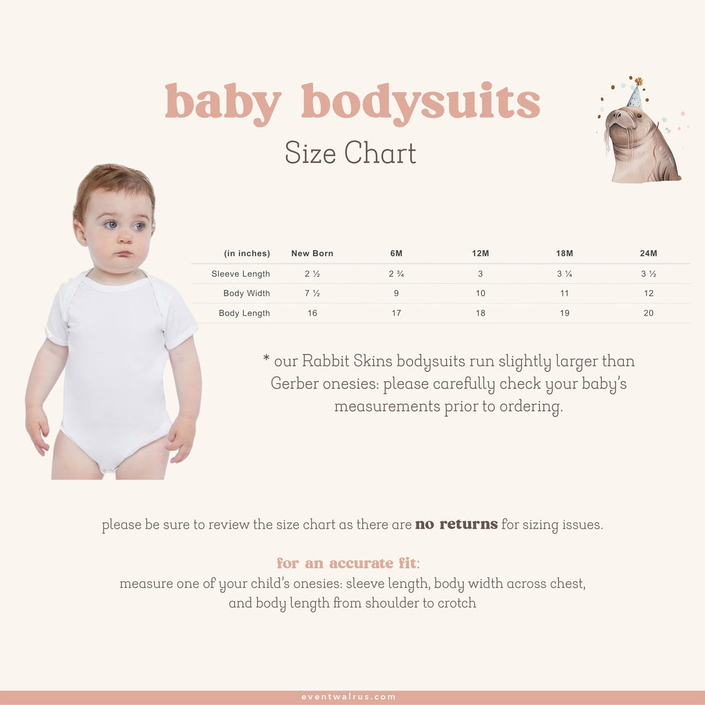 Event Walrus baby bodysuit size chart in inches, newborn to 24 months, with sleeve length, body width and body length.