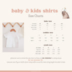 Event Walrus baby, toddler and youth tee size charts in inches, with body length and body width for each size.