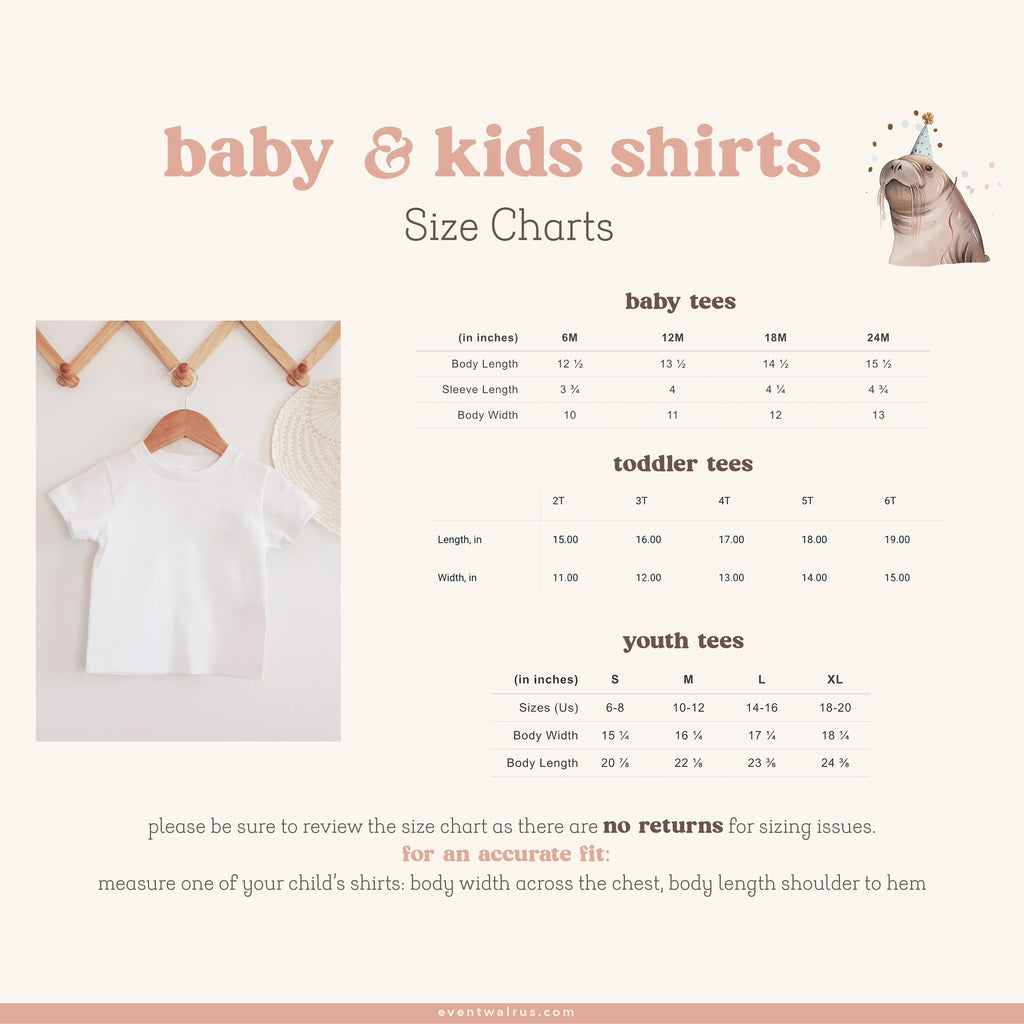 Event Walrus baby, toddler and youth tee size charts in inches, with body length and body width for each size.