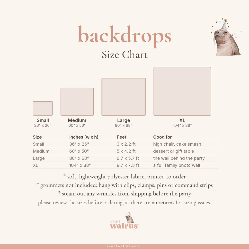 Event Walrus backdrop size chart: Small 36 x 26 in to XL 104 x 88 in, drawn to scale.