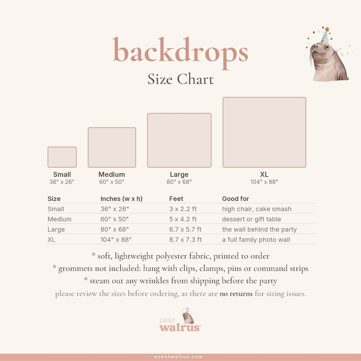 Event Walrus backdrop size chart: Small 36 x 26 in to XL 104 x 88 in, drawn to scale.