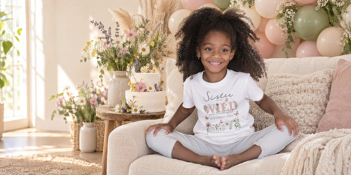 Smiling girl in a white Sister of the Wild and Onederful shirt at a wildflower first birthday party