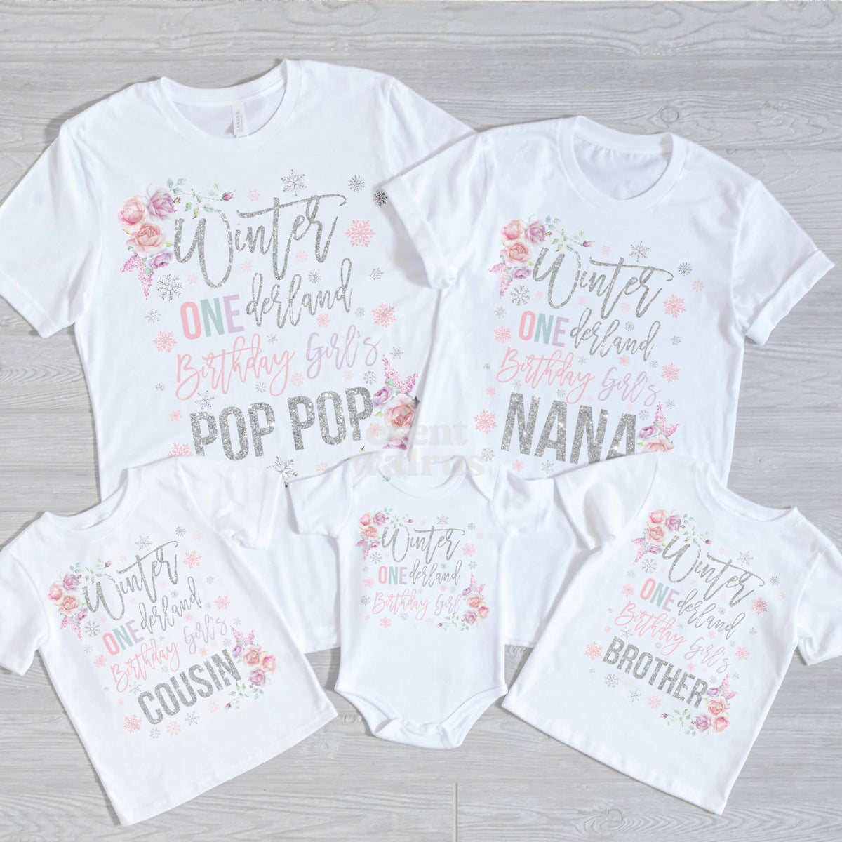 Baby bodysuit beside Pop Pop, Nana, Cousin and Brother floral Winter ONEderland tees.