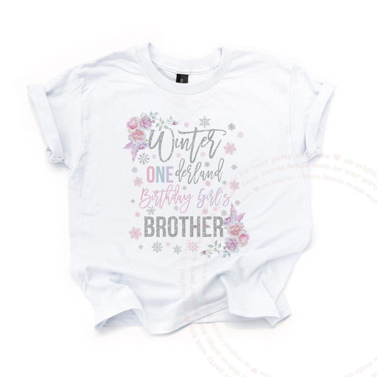 White floral Winter ONEderland Brother kids tee laid flat, with pastel roses and silver snowflakes.
