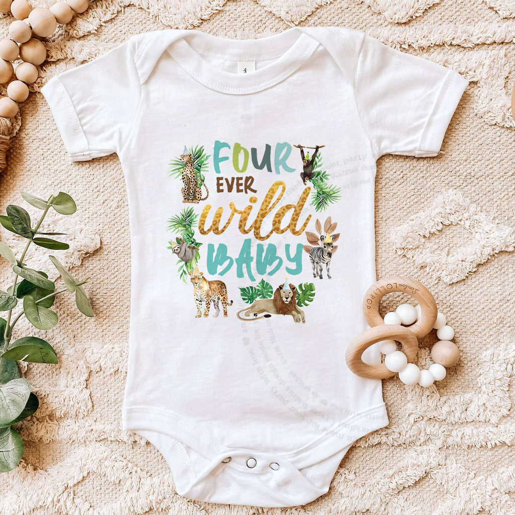 White Four Ever Wild Baby bodysuit laid flat with a wooden teether.