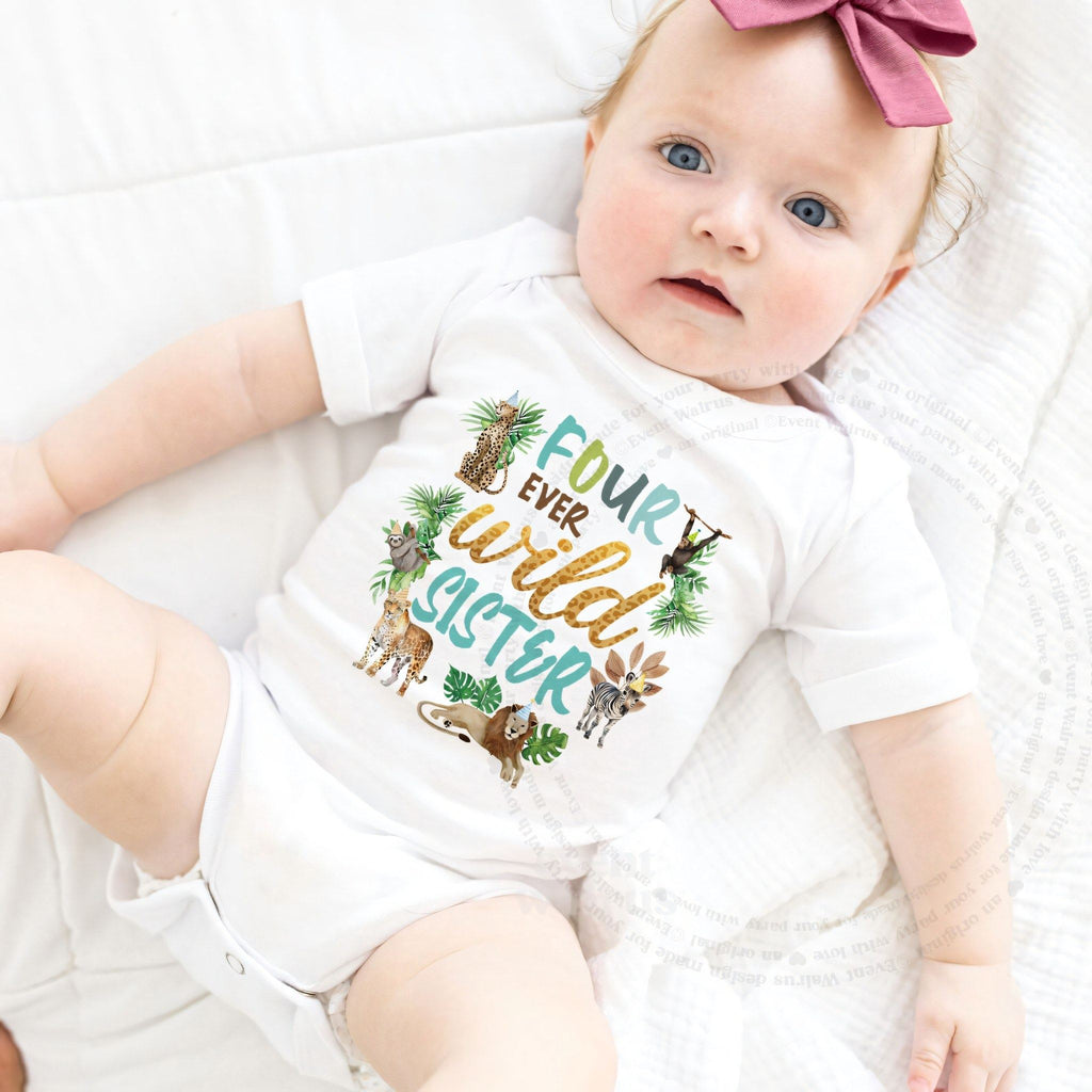 Baby girl with a pink bow in a white Four Ever Wild Sister bodysuit.
