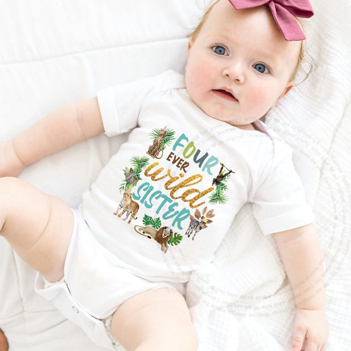 Baby girl with a pink bow in a white Four Ever Wild Sister bodysuit.
