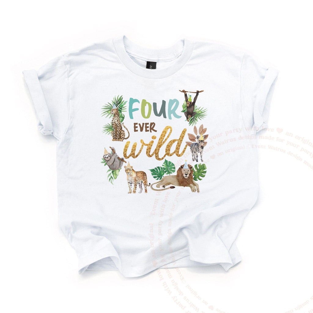 White kids Four Ever Wild birthday tee with safari animals and gold glitter wild, laid flat.