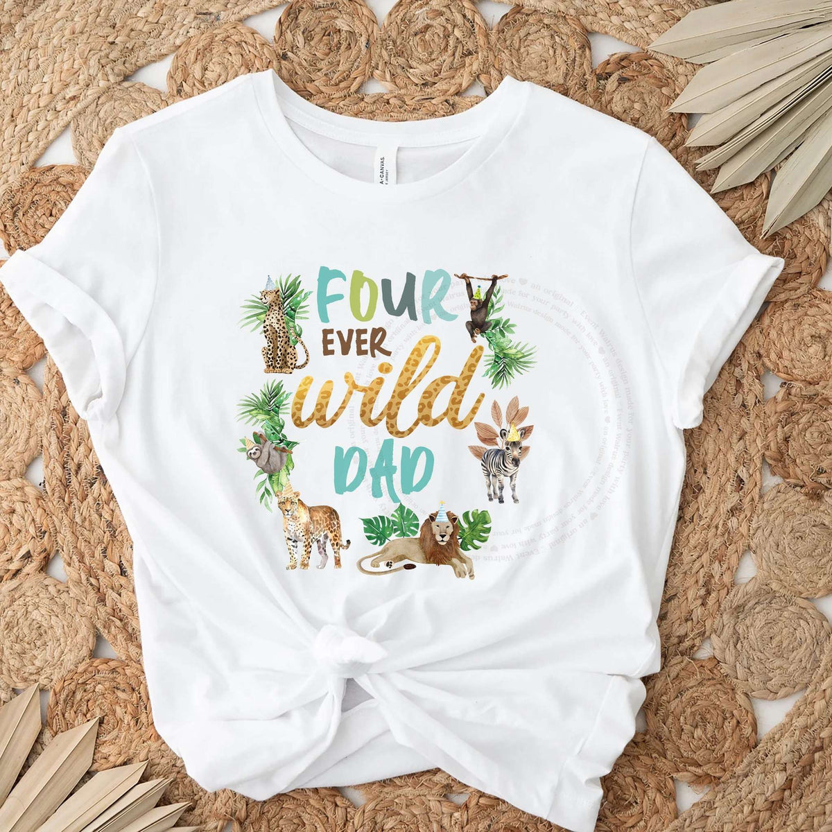 White Four Ever Wild Dad tee knotted on a jute rug with dried palm leaves.