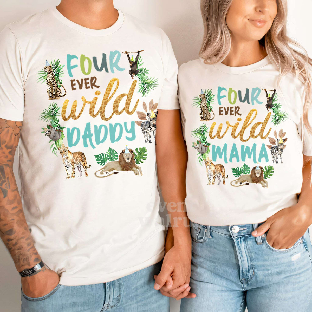 Couple in white Four Ever Wild Daddy and Mama shirts with a lion, leopard and monkey.