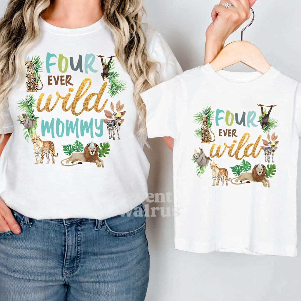Woman in a white Four Ever Wild Mommy tee holding a matching kids shirt on a hanger.