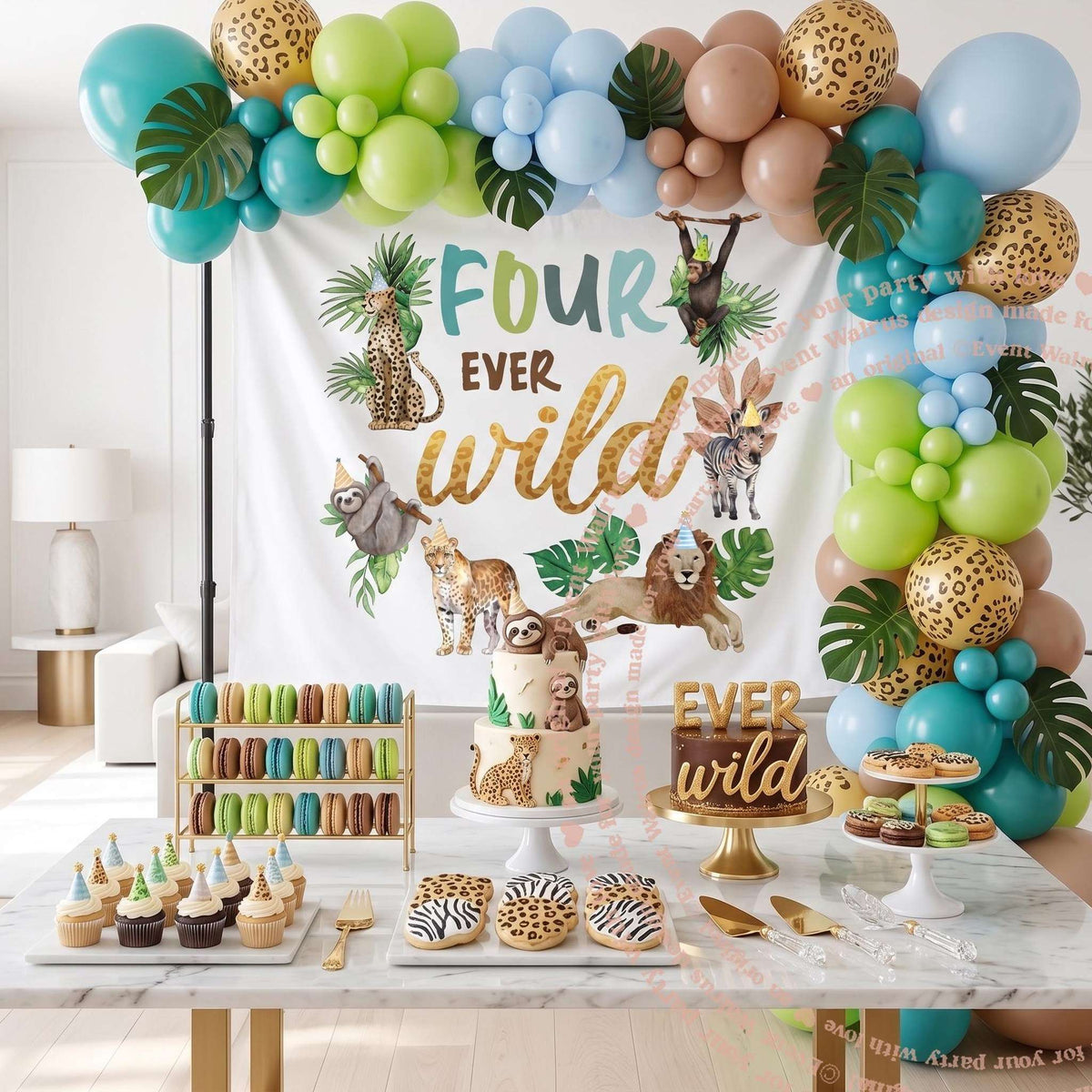Four ever wild safari backdrop behind a dessert table with teal, green and leopard balloons.