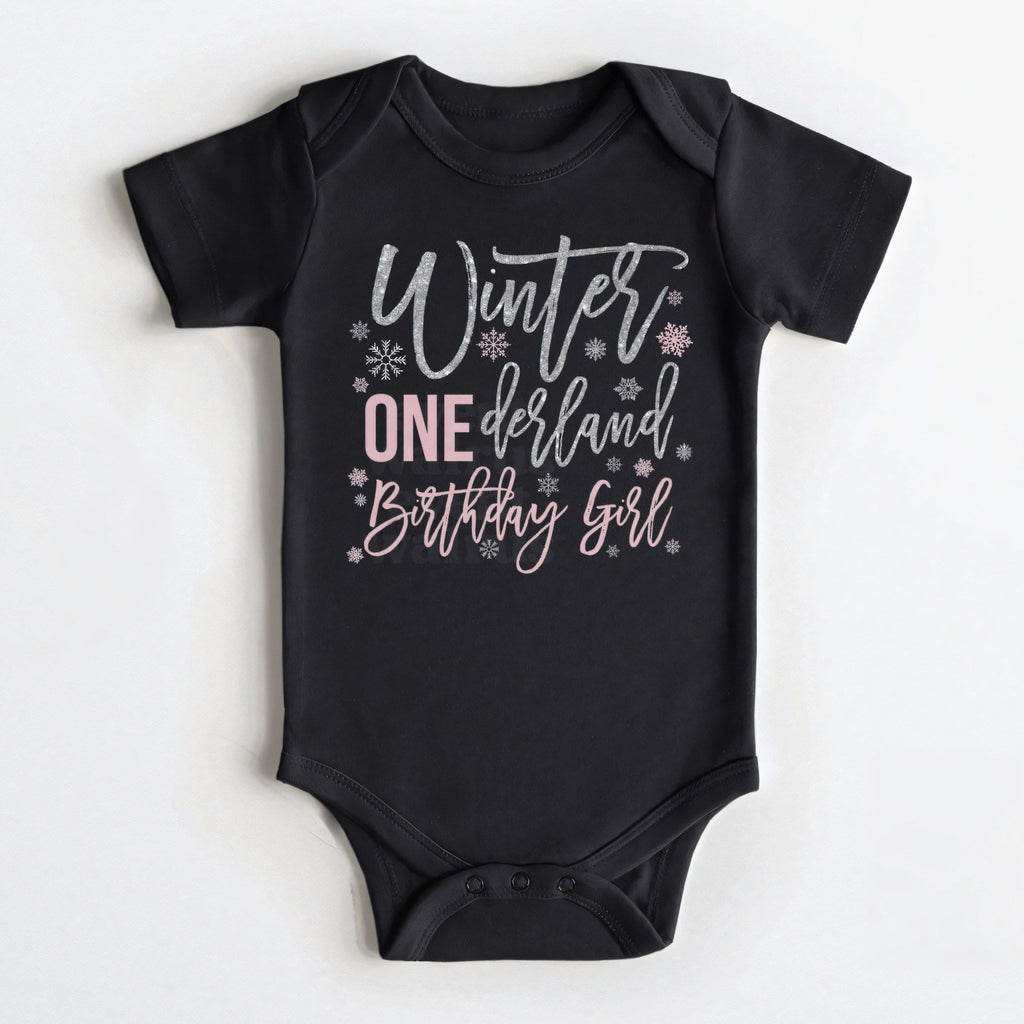 Black Winter ONEderland Birthday Girl bodysuit with silver glitter lettering.