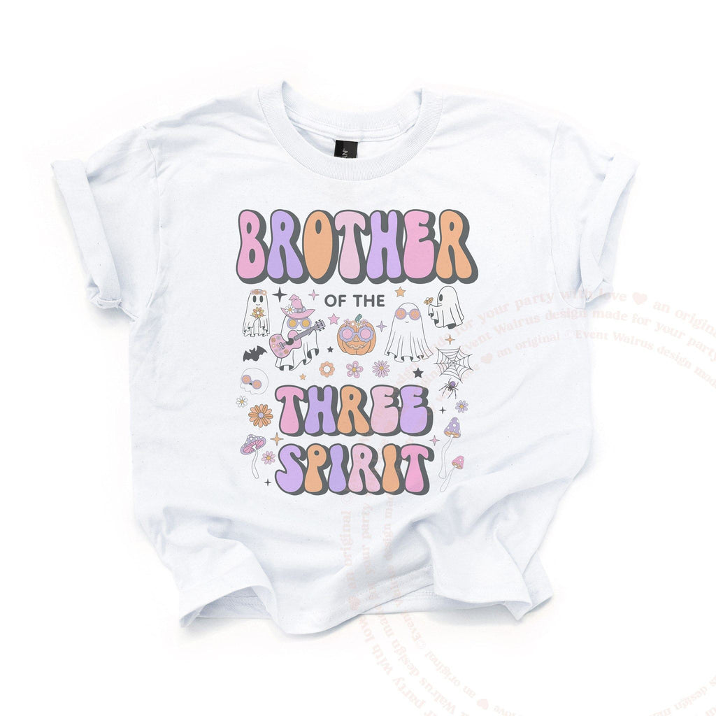 White Brother of the Three Spirit kids tee laid flat, with retro ghosts, a guitar and pumpkins.