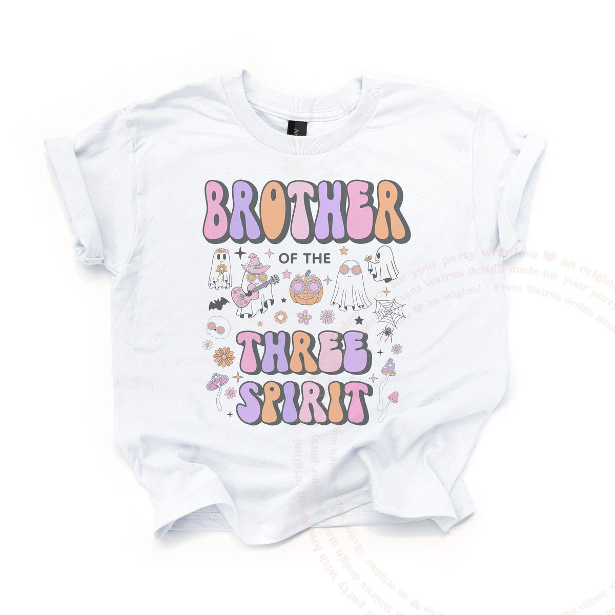 White Brother of the Three Spirit kids tee laid flat, with retro ghosts, a guitar and pumpkins.