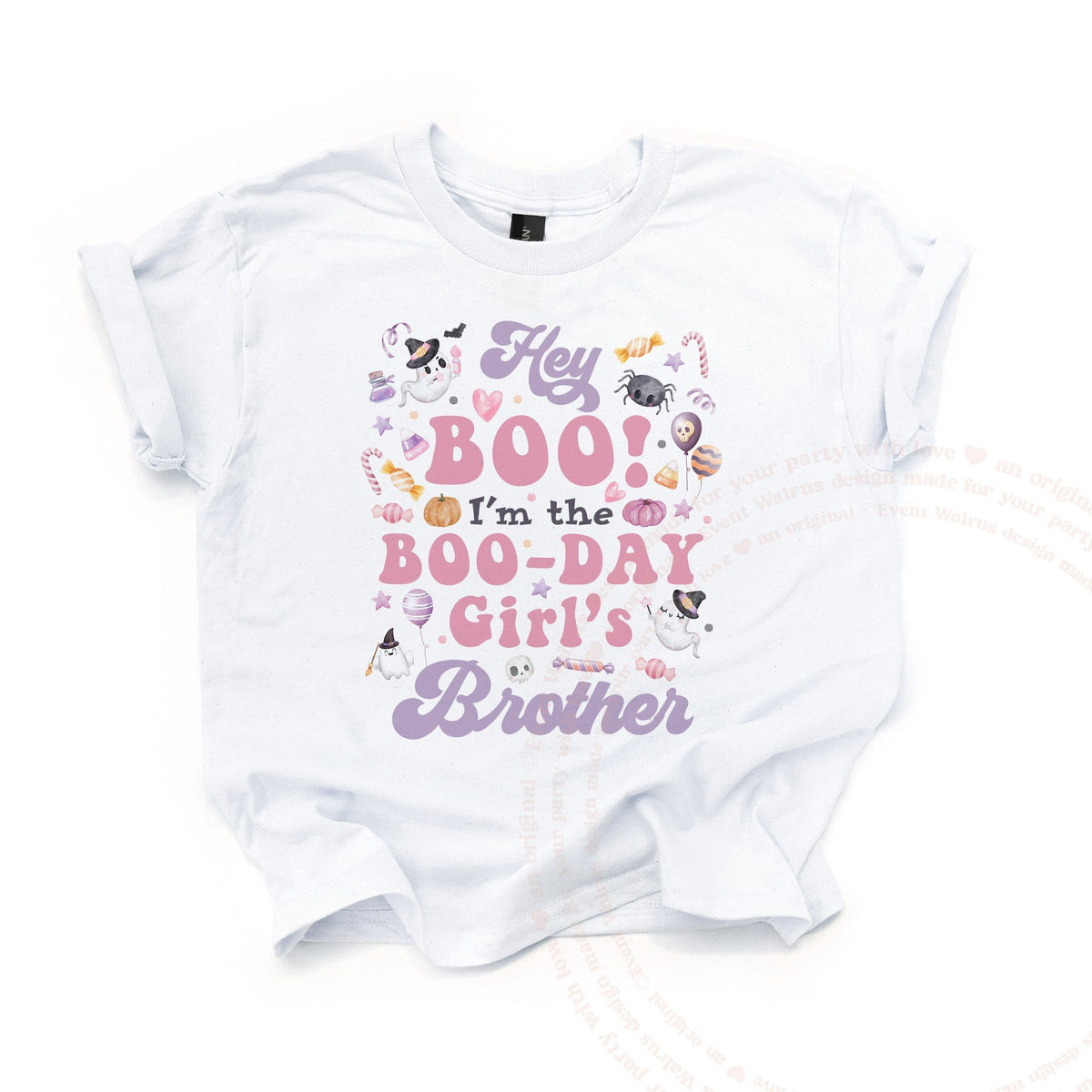 White Hey Boo Brother kids tee laid flat, with candy, ghosts and pink retro letters.