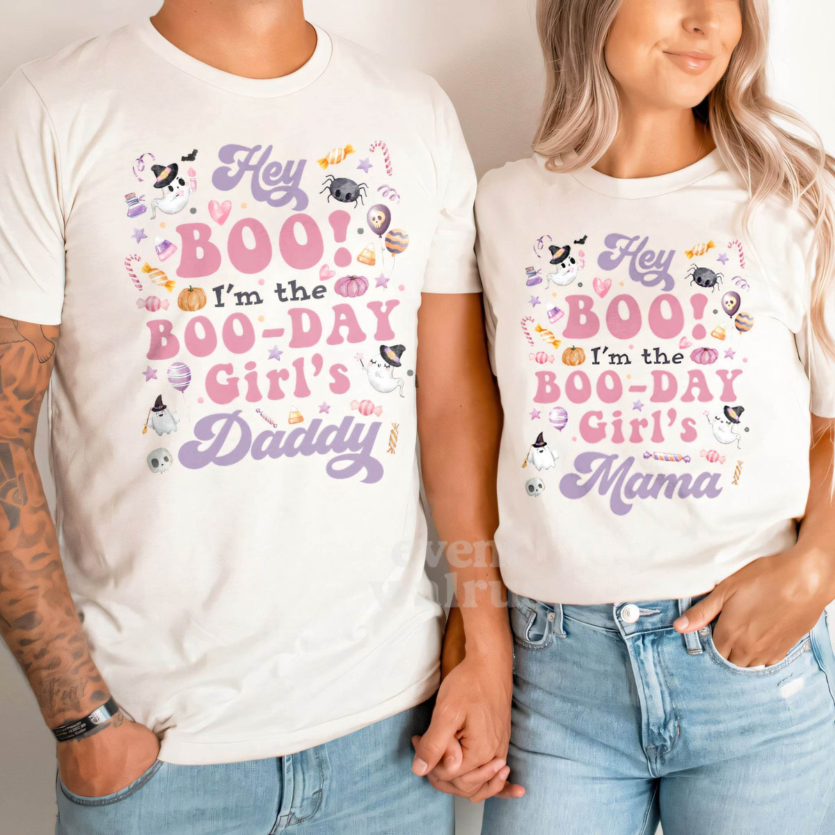 Dad and Mom holding hands in white Daddy and Mama Hey Boo shirts.