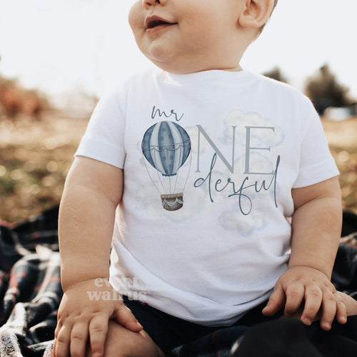 Baby outdoors on a blanket in a white Mr Onederful baby tee.