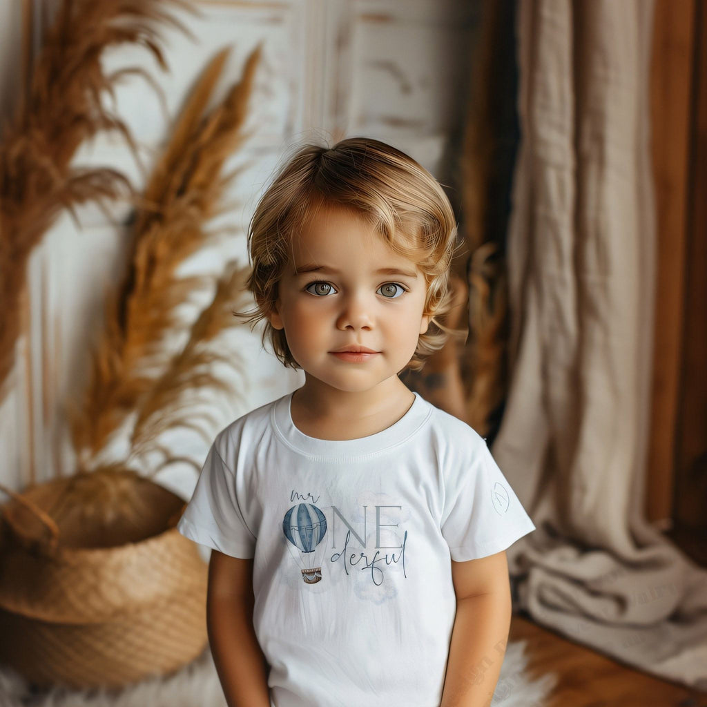 Toddler birthday boy in a white Mr Onederful tee with a blue hot air balloon.