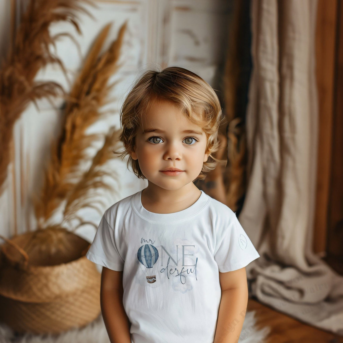 Toddler birthday boy in a white Mr Onederful tee with a blue hot air balloon.