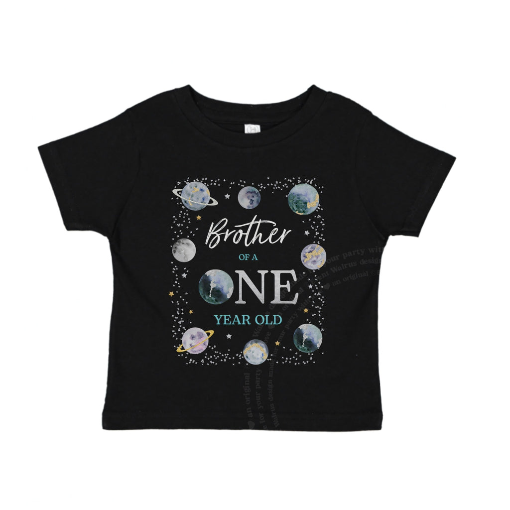 Black baby tee reading Brother of a ONE Year Old with silver and gold planets.