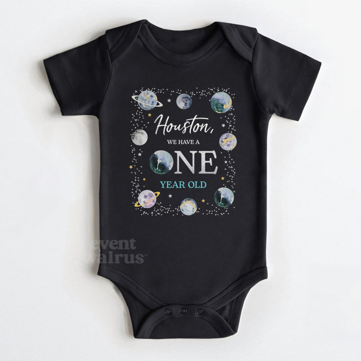 Black baby bodysuit reading Houston We Have a ONE Year Old with watercolor planets.