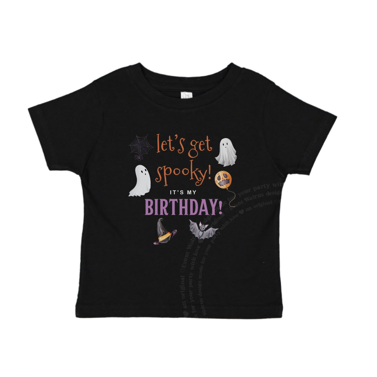 Black baby tee reading Let's Get Spooky It's My Birthday with a little ghost.