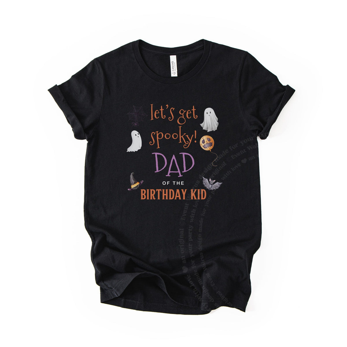 Black Dad of the Birthday Kid tee with ghosts, a bat and a pumpkin balloon, laid flat.