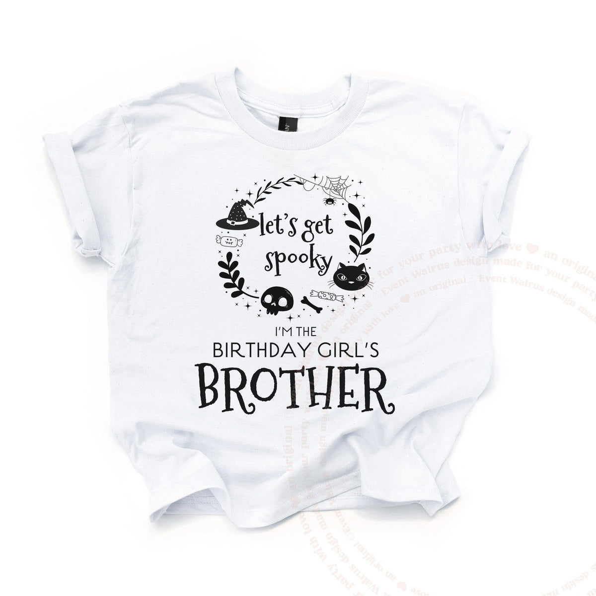 White Let's Get Spooky Brother kids tee laid flat, with a witch hat, black cat and skull wreath.