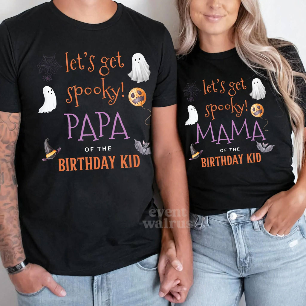 Papa and Mama in black Let's Get Spooky Birthday Kid shirts with watercolor ghosts.