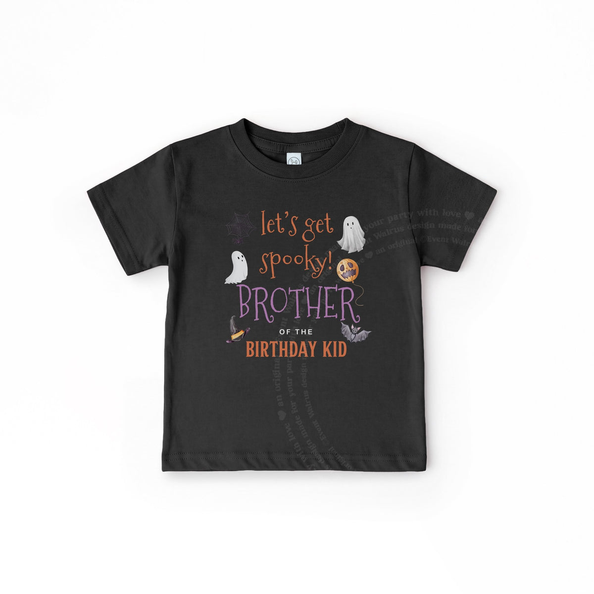 Black toddler Brother of the Birthday Kid tee with Let's Get Spooky lettering, laid flat.
