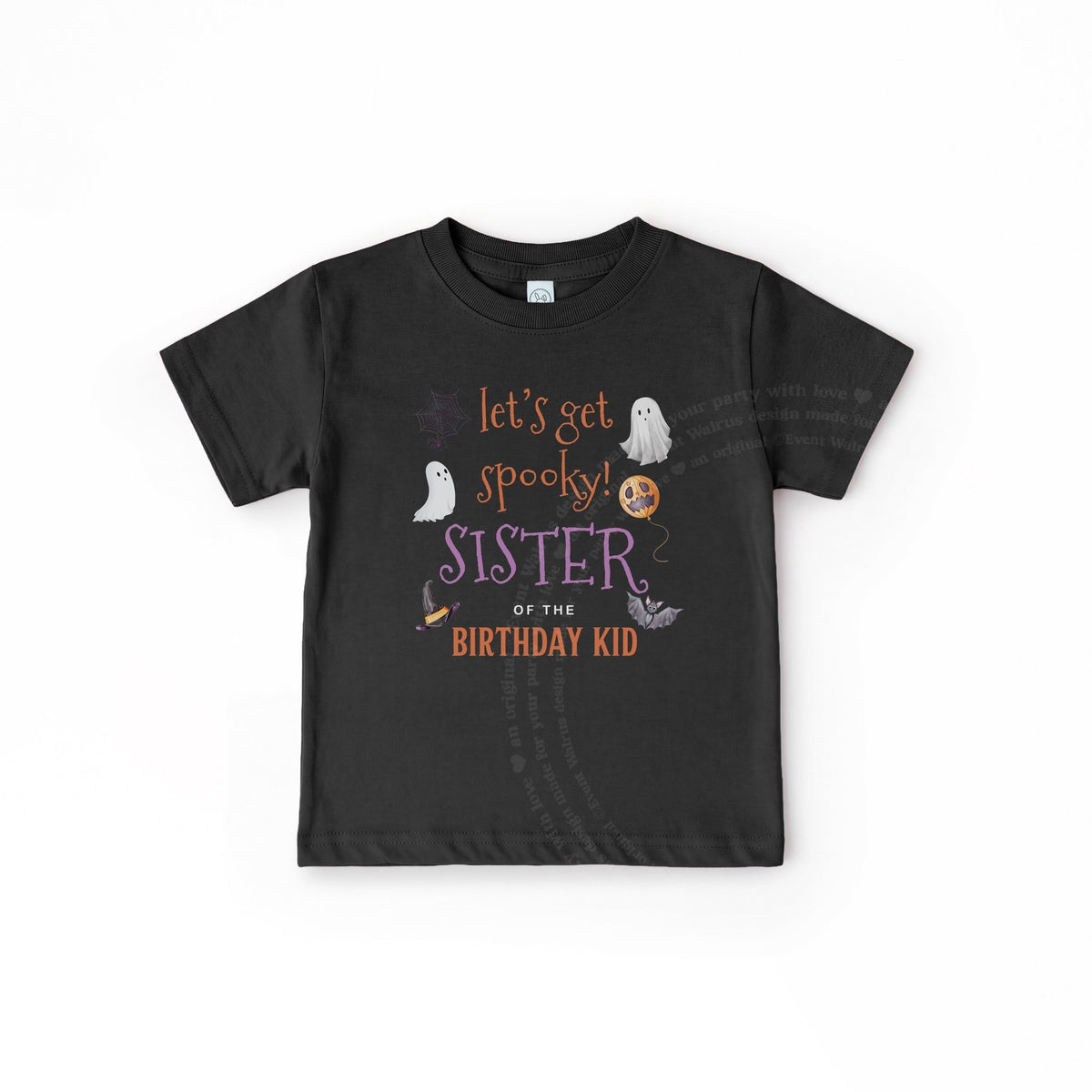 Black toddler Sister of the Birthday Kid tee with purple and orange lettering, laid flat.
