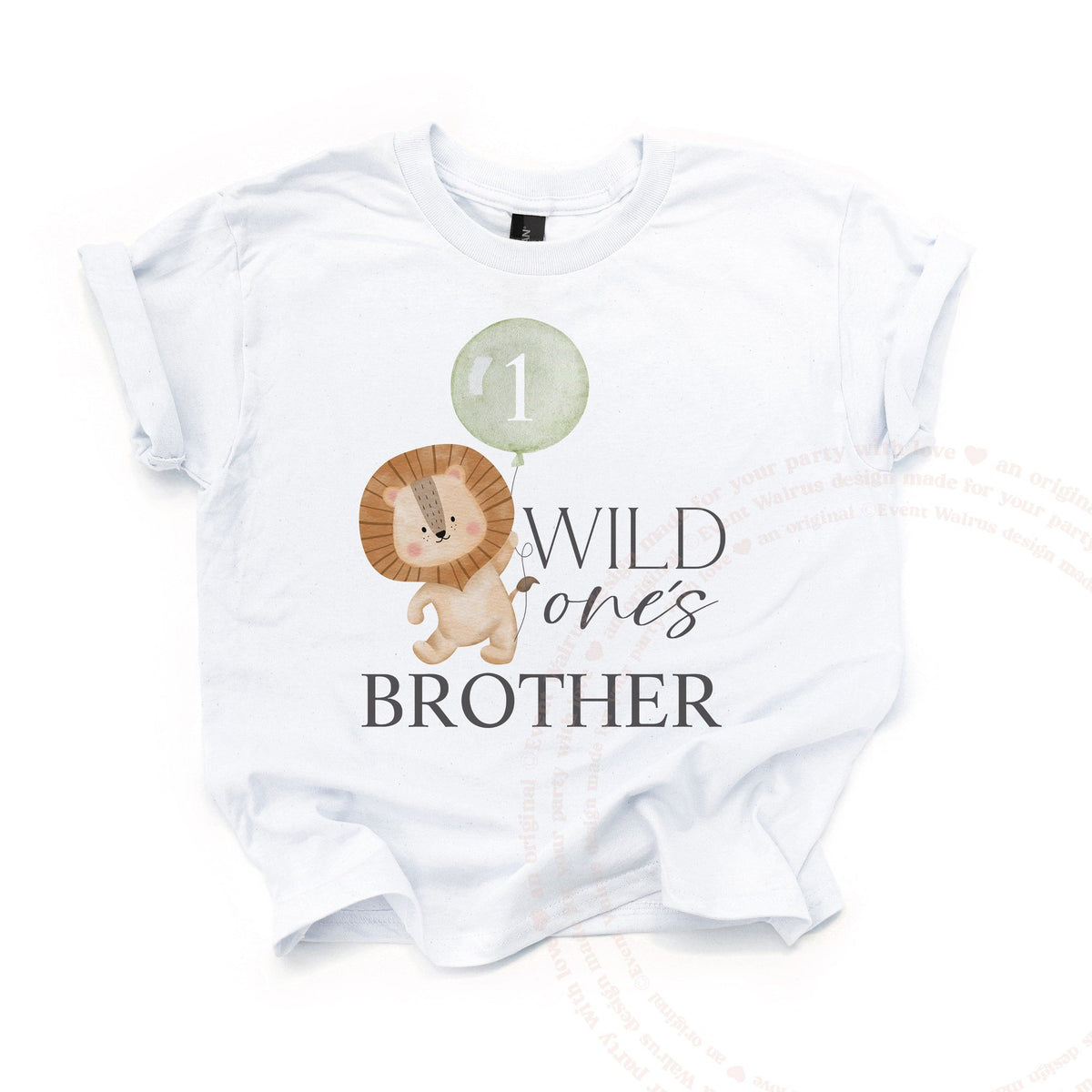 White Wild One's Brother kids tee laid flat, with the lion holding a sage green 1 balloon.