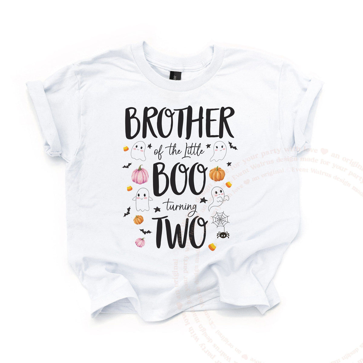 White Brother of the Little Boo Turning Two kids tee laid flat, with ghosts and pink pumpkins.