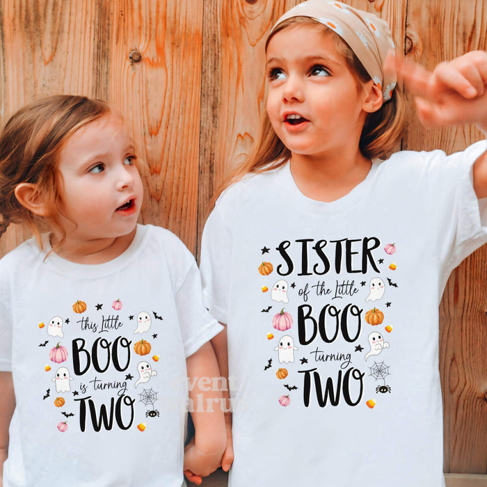 Two girls against a wood wall in white Little Boo Turning Two and Sister shirts.