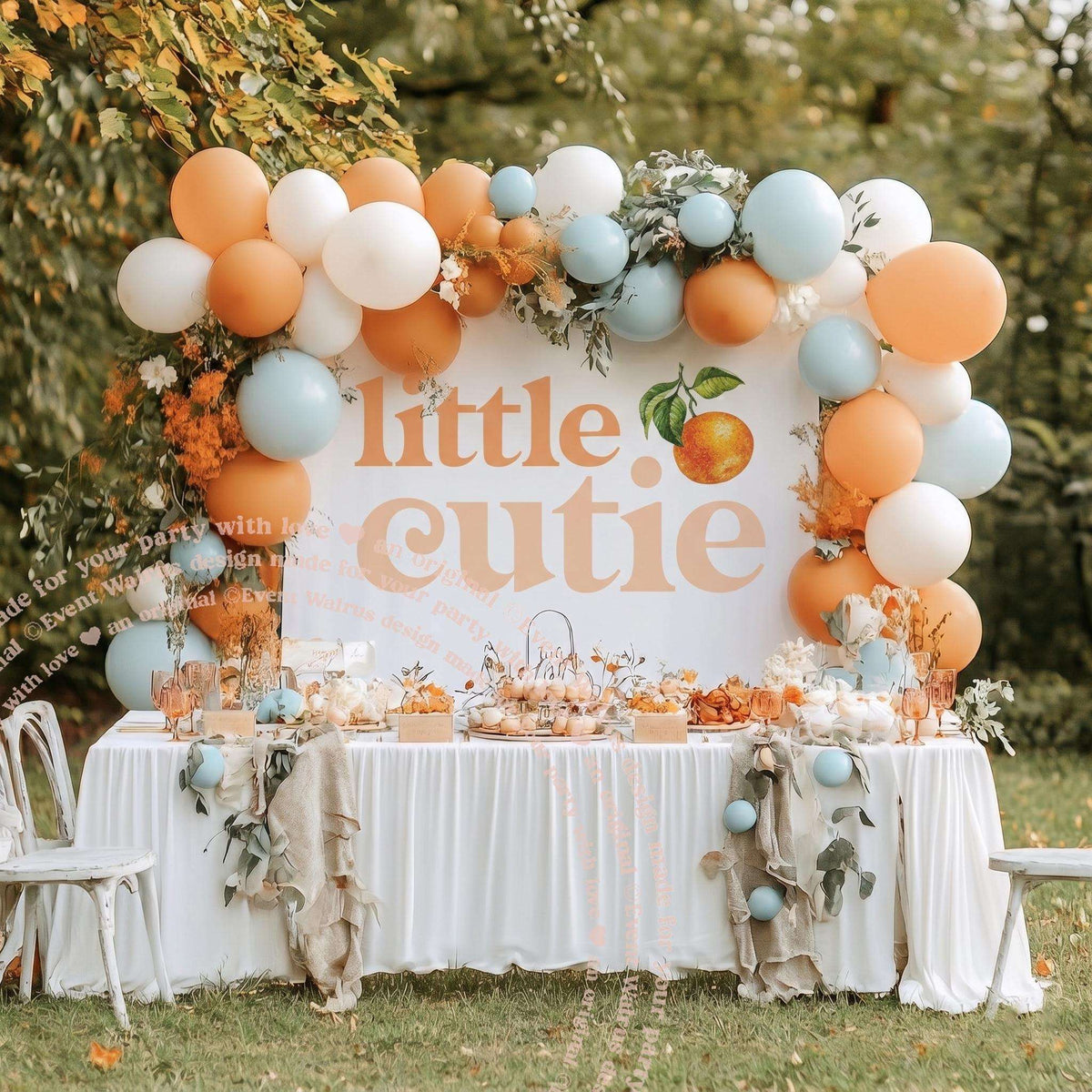 Little cutie backdrop behind a white dessert table with peach, white and blue balloons.