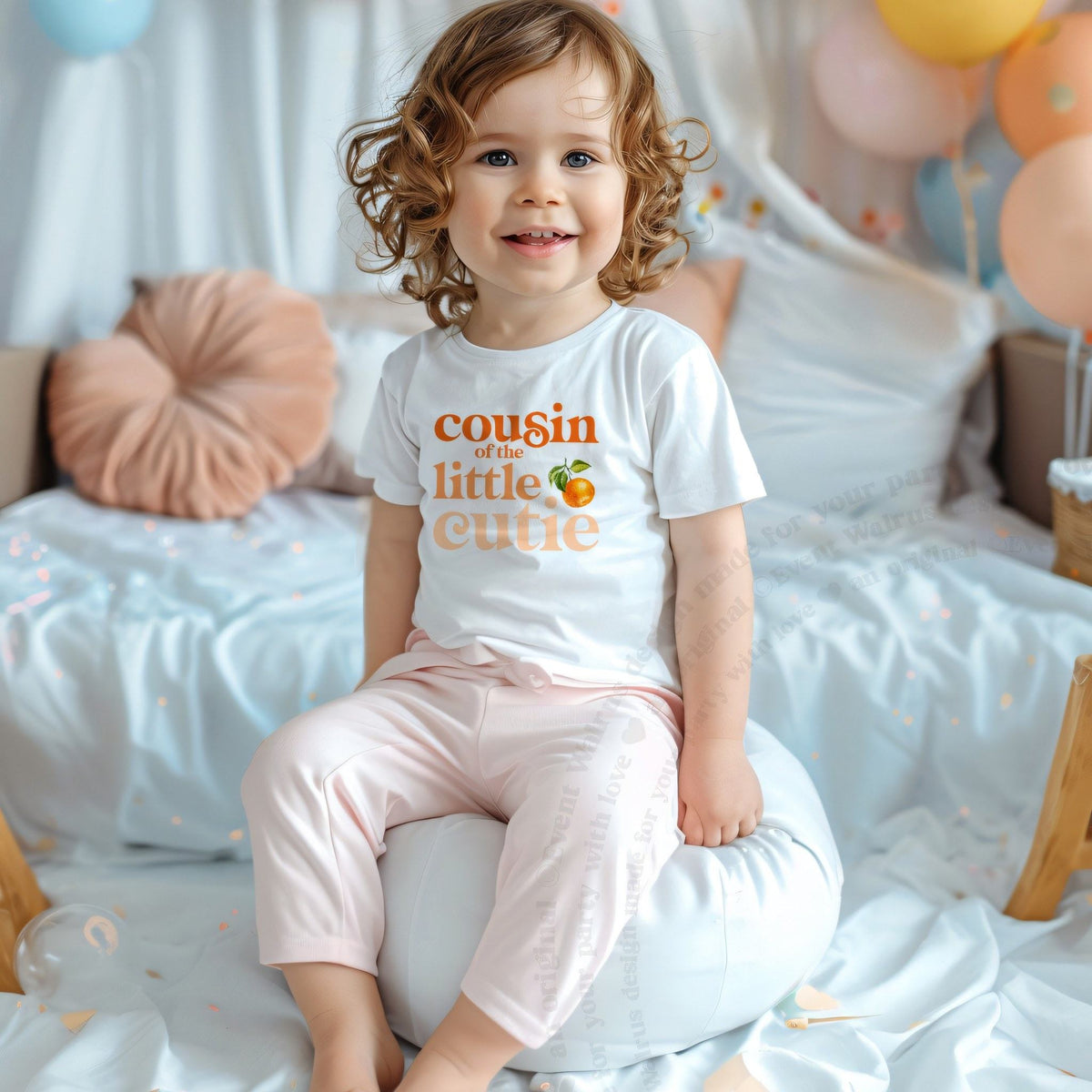Curly-haired toddler on a pouf in a white Cousin of the Little Cutie shirt.