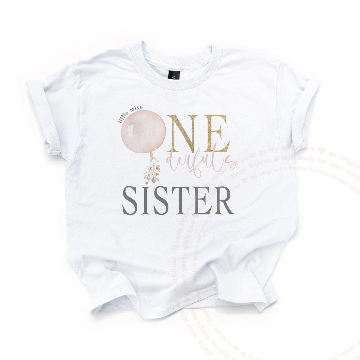 White Sister kids tee laid flat with the pink watercolor balloon and gold glitter ONE.