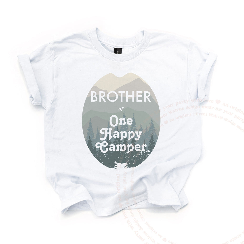 White Brother of One Happy Camper kids tee laid flat, with the misty mountain oval.
