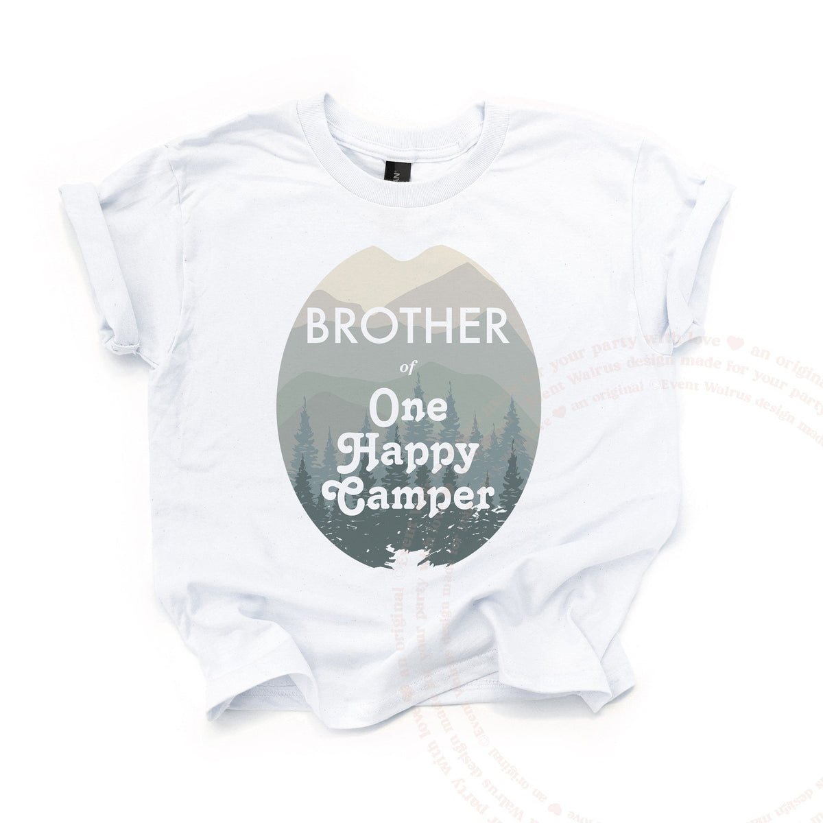 White Brother of One Happy Camper kids tee laid flat, with the misty mountain oval.
