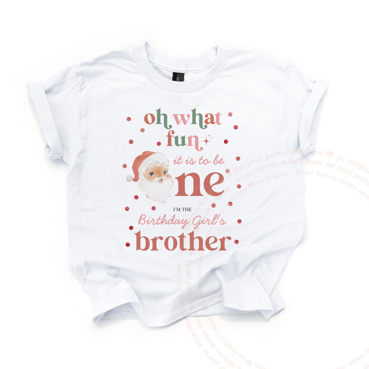 White Oh What Fun Brother kids tee laid flat, with the retro Santa and red polka dots.