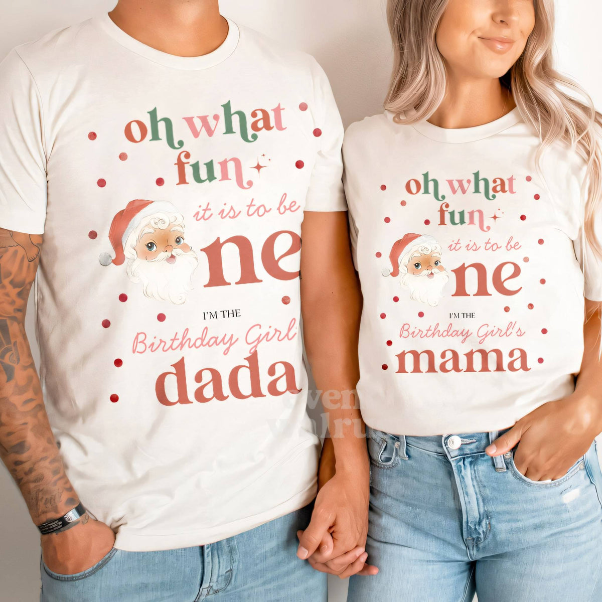 Dad and Mom holding hands in white Dada and Mama retro Santa birthday shirts.