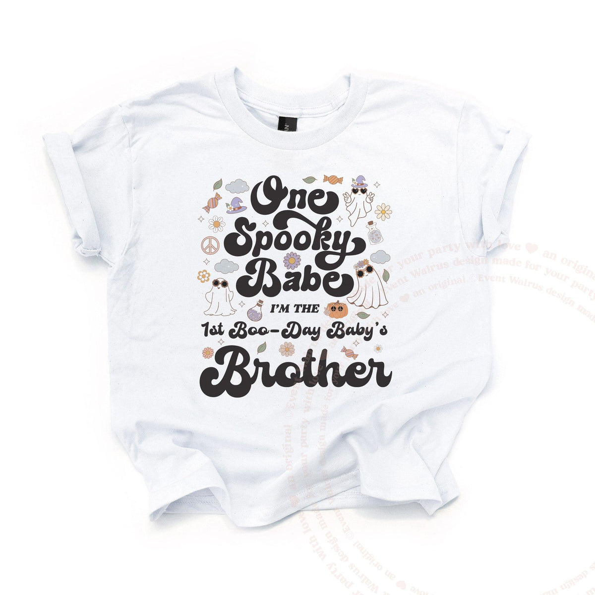 White One Spooky Babe Brother kids tee laid flat, with retro black lettering and little ghosts.
