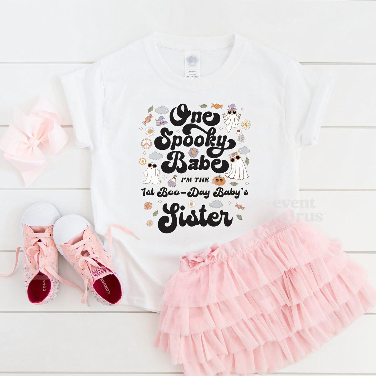 White One Spooky Babe Sister toddler tee laid flat with a pink tutu and sneakers.