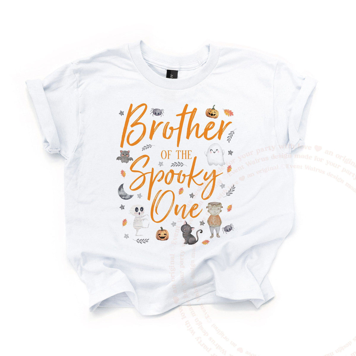 White Brother of the Spooky One kids tee laid flat, with a mummy, black cat and little ghost.