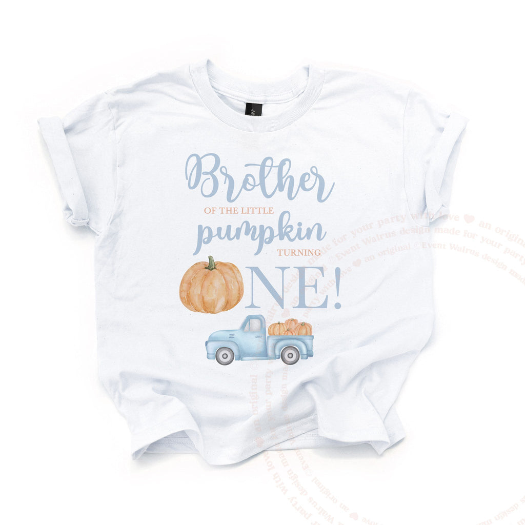 White Brother of the Little Pumpkin kids tee laid flat, with the orange pumpkin and pale blue truck.